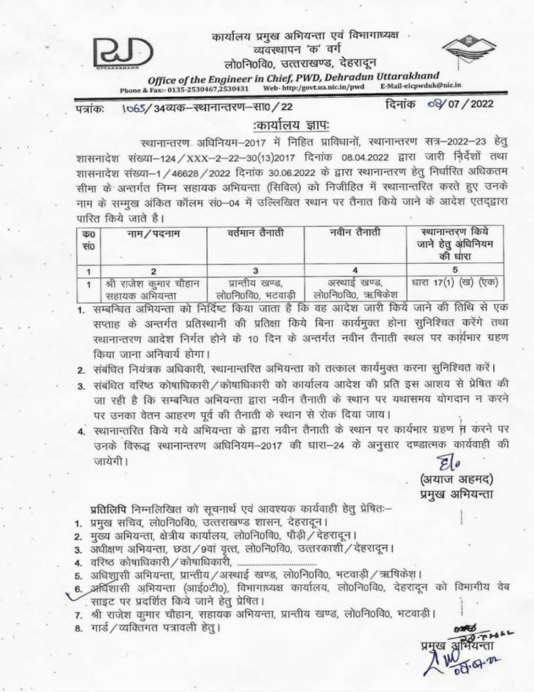 Breaking: लोक निर्माण विभाग ने किए अधिकारियों के बंपर तबादले