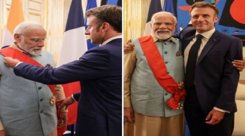 फ्रांस के राष्ट्रपति इमैनुएल मैक्रॉन ने पीएम नरेंद्र मोदी को ग्रैंड क्रॉस ऑफ द लीजन ऑफ ऑनर से किया सम्मानित। ।