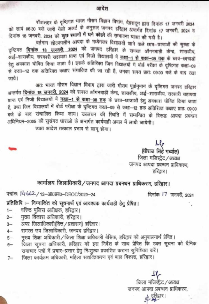हरिद्वार में 18 जनवरी को बंद रहेंगे आठवीं तक के सभी स्कूल और आंगनबाड़ी केंद्र, बढ़ती ठंड की वजह से लिया गया यह फैसला