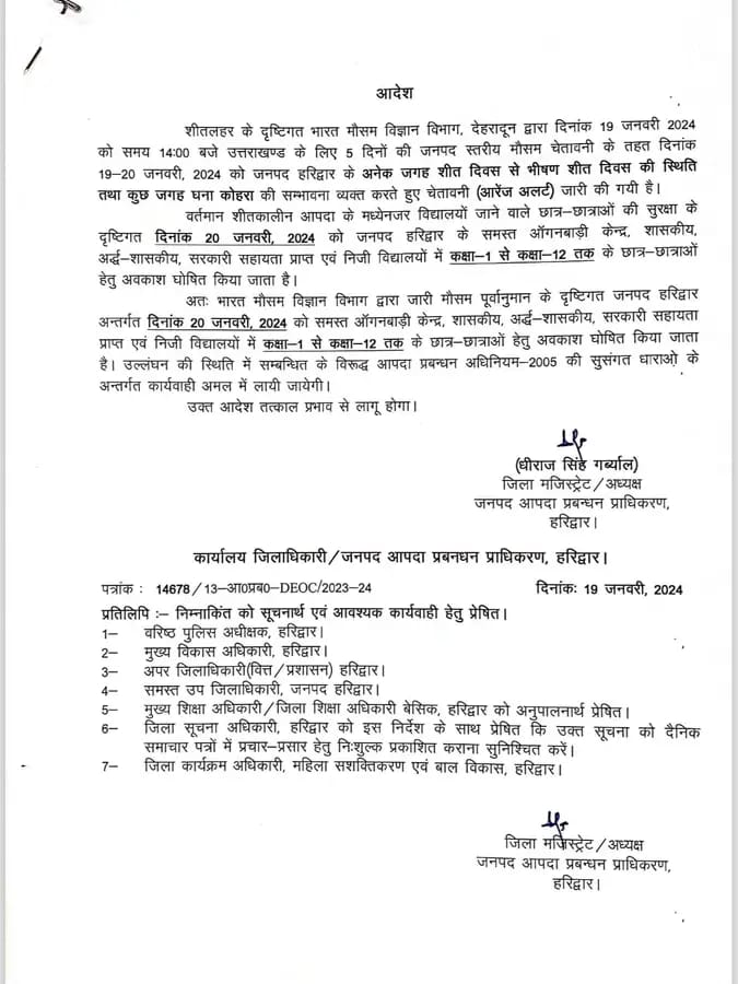 हरिद्वार में 20 जनवरी को बंद रहेंगे सभी स्कूल,आदेश जारी