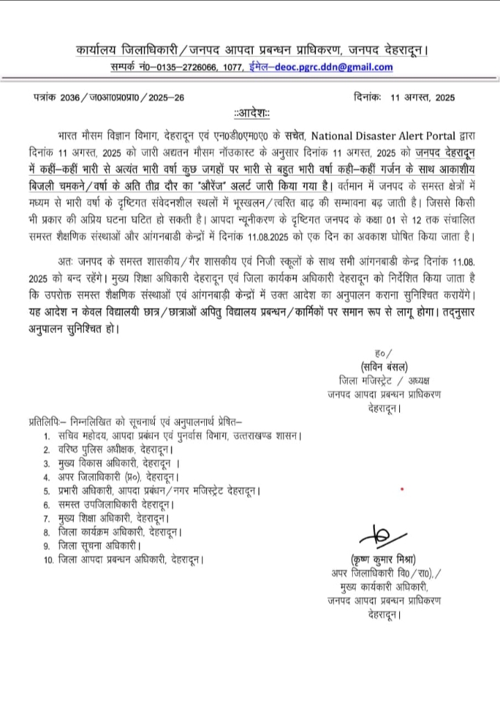 देहरादून में भारी बारिश का ऑरेंज अलर्ट, सभी स्कूल-आंगनबाड़ी केंद्र बंद