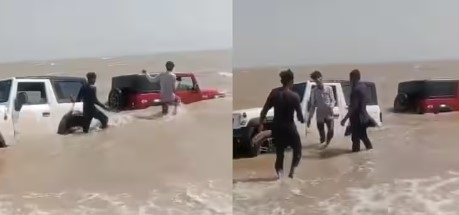 कच्छ में रील्स के लिए दो युवकों ने समुद्र में उतारी थार, बुरी तरह फंसे तो लोगों ने की मदद..