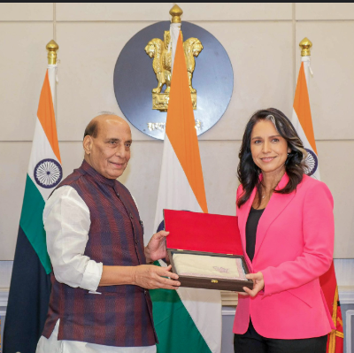 भारत दौरे पर आईं तुलसी गबार्ड, रक्षा मंत्री राजनाथ सिंह से हुई अहम बैठक