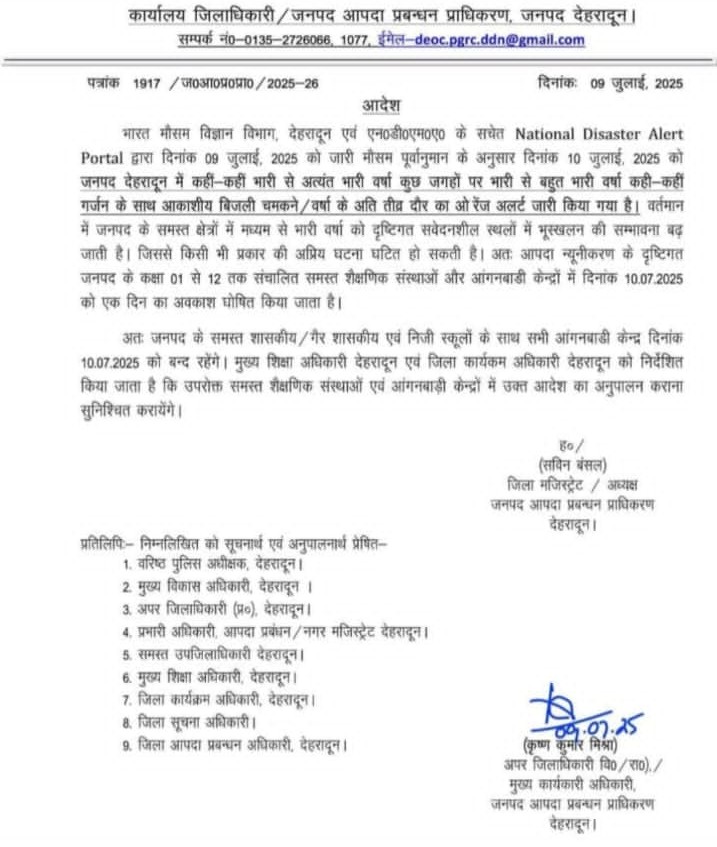 देहरादून में कल सभी स्कूल-आंगनबाड़ी बंद, मौसम विभाग का रेड अलर्ट