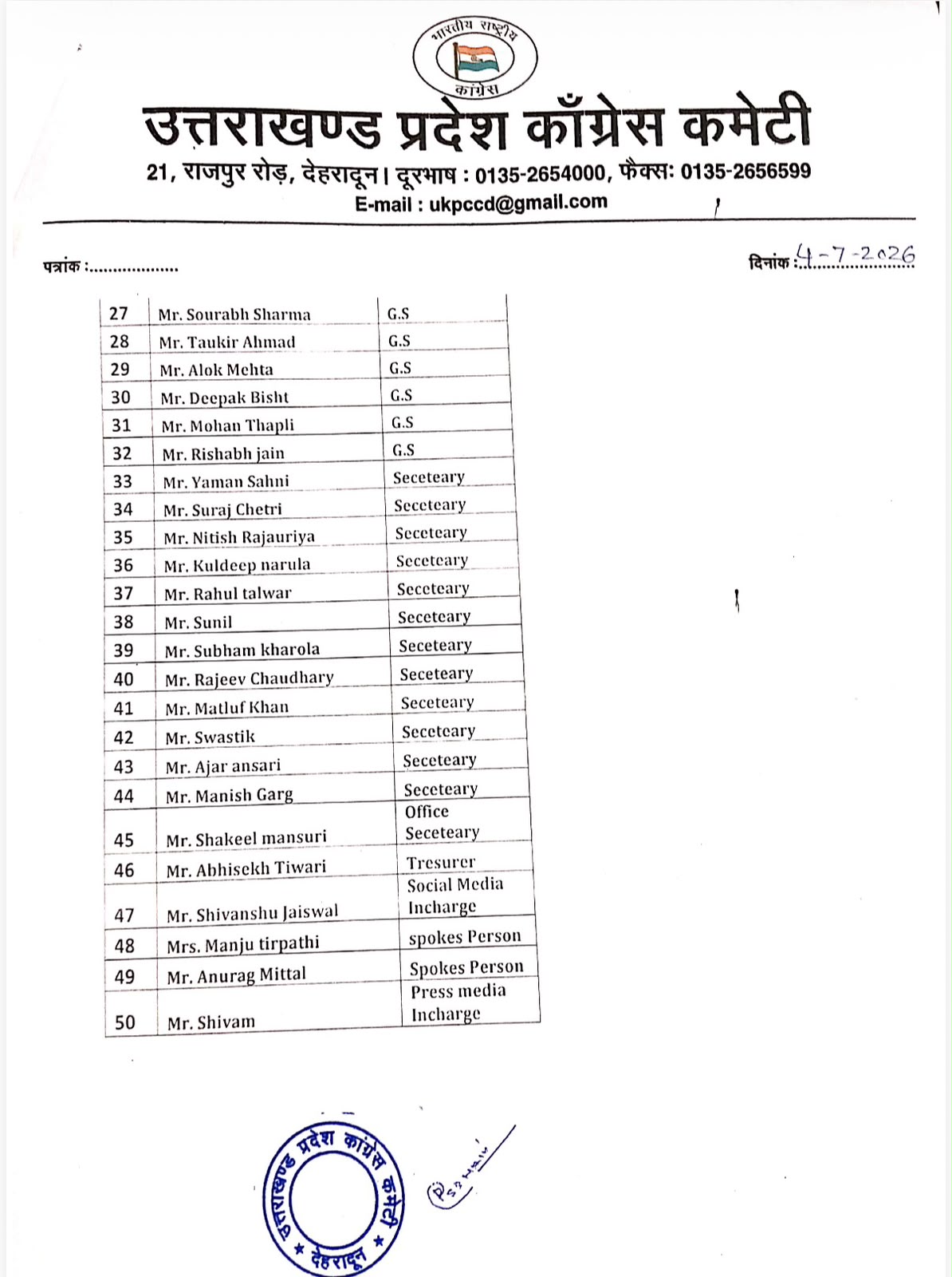 2027 चुनाव की तैयारी में कांग्रेस सक्रिय, देहरादून महानगर कार्यकारिणी का ऐलान